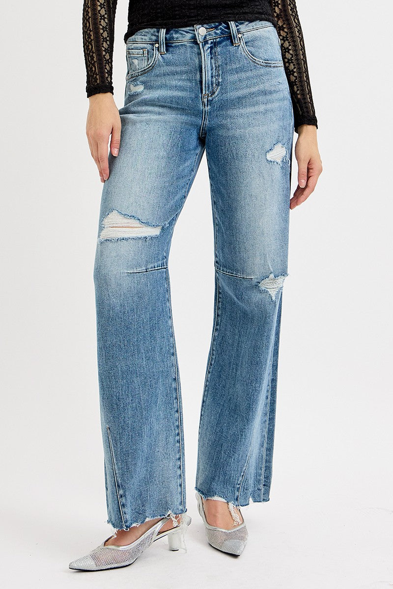 SLOUCHY WIDE BAGGY LEG TIE WASHED JEANS