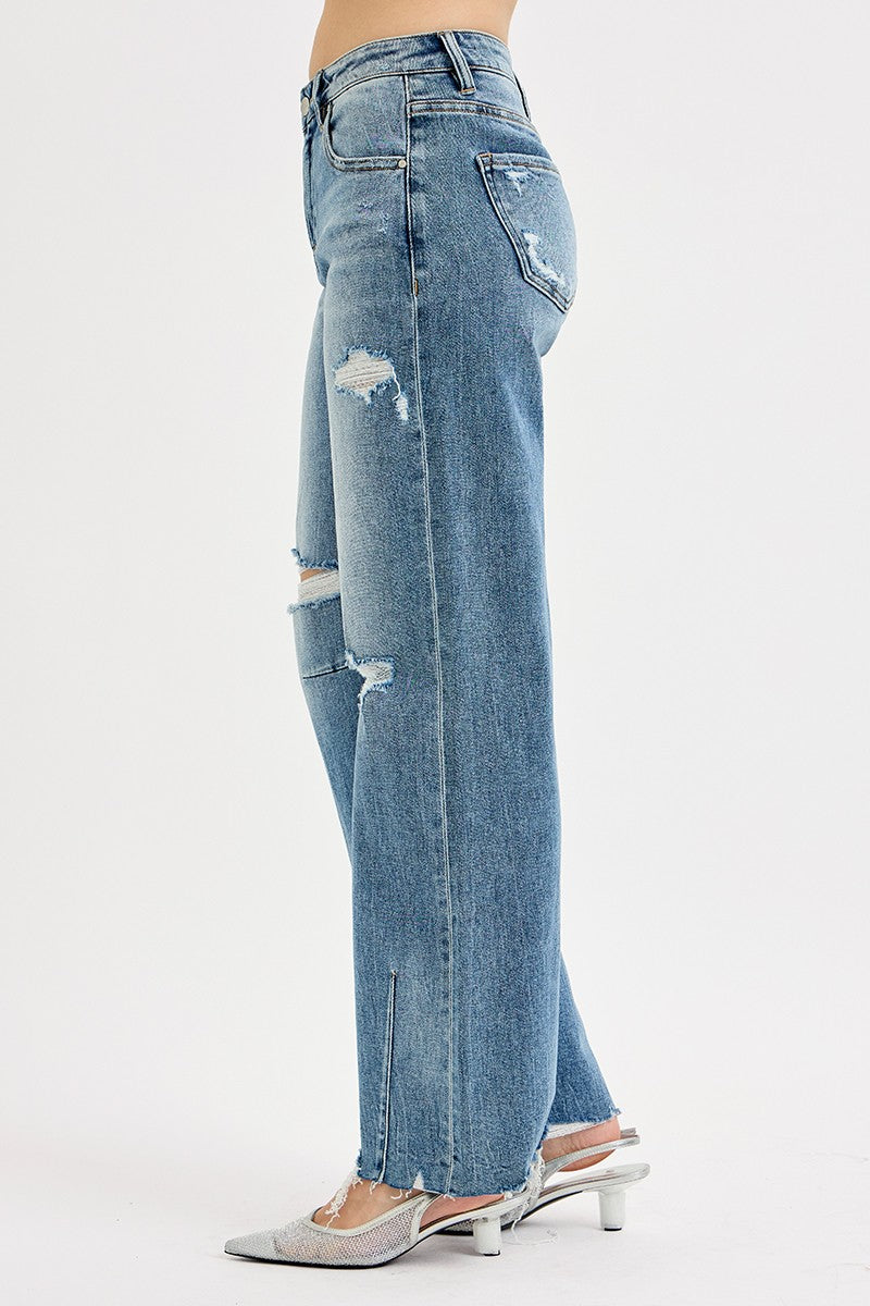 SLOUCHY WIDE BAGGY LEG TIE WASHED JEANS