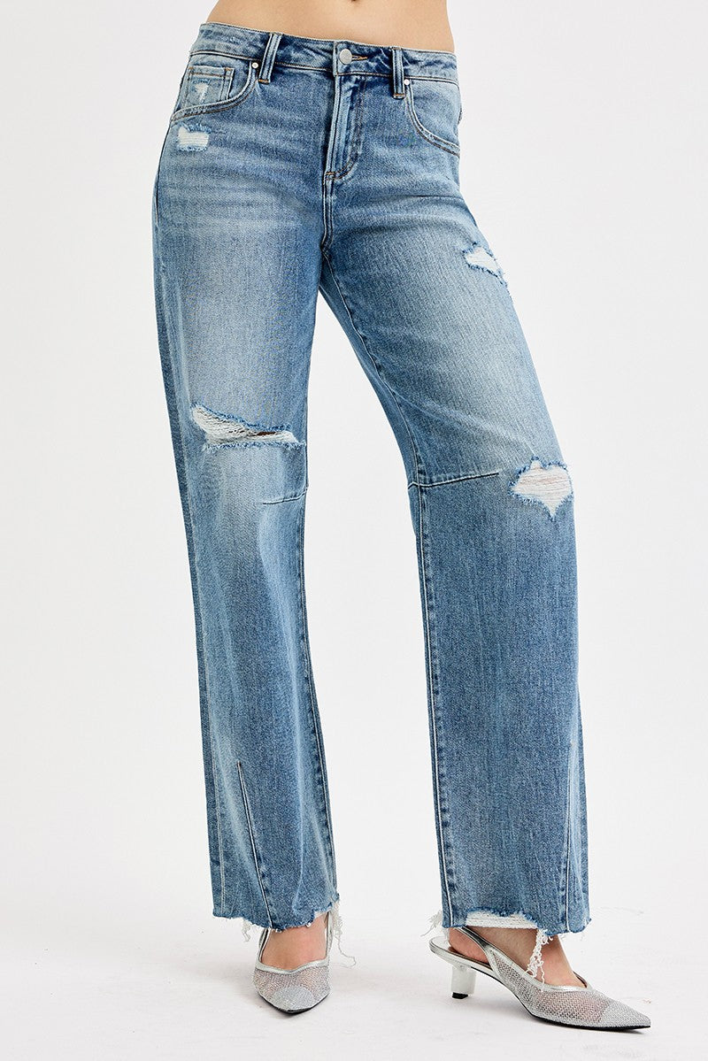 SLOUCHY WIDE BAGGY LEG TIE WASHED JEANS