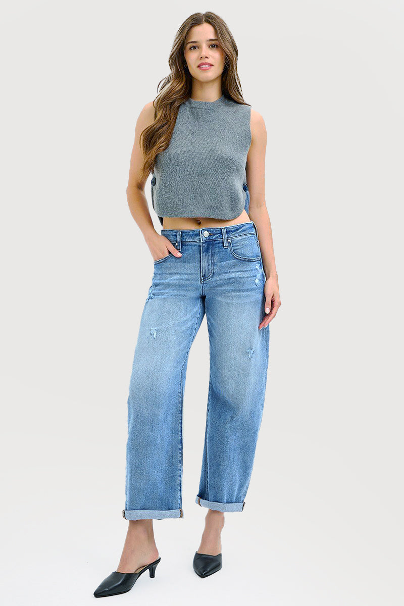 SLOUCHY ANKLE LENGTH BARREL JEANS WITH CUFFS