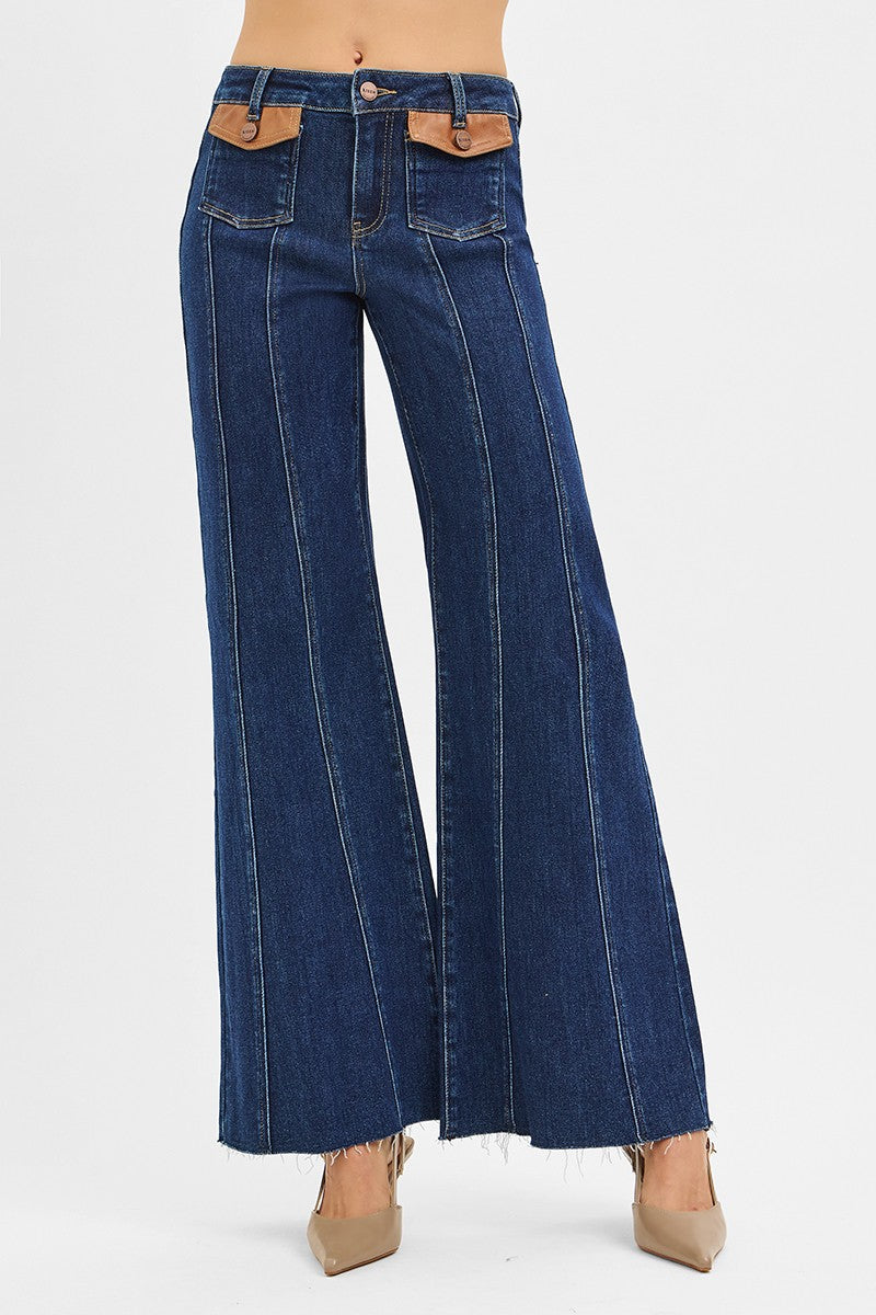 HIGH RISE WIDE FLARE FRONT LEATHER POCKET DETAIL