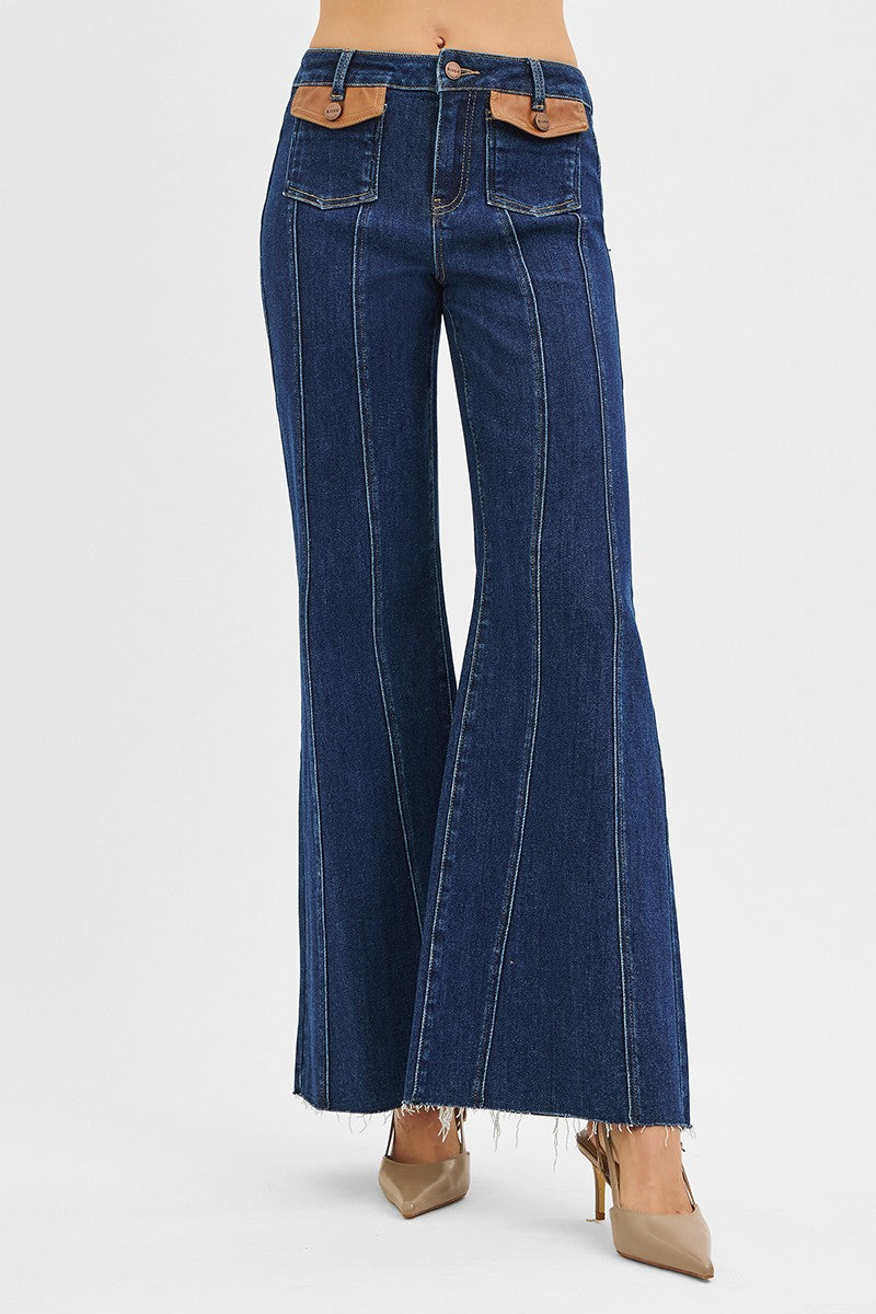 HIGH RISE WIDE FLARE FRONT LEATHER POCKET DETAIL