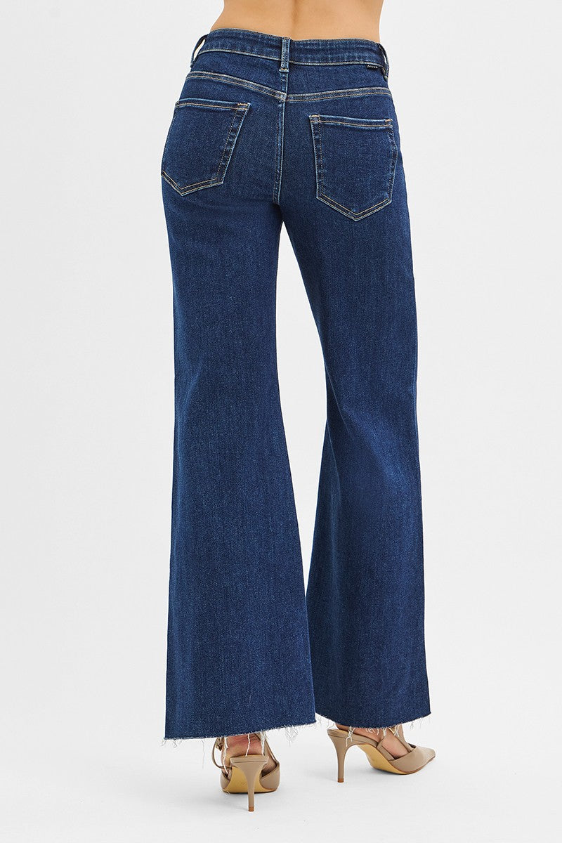 HIGH RISE WIDE FLARE FRONT LEATHER POCKET DETAIL