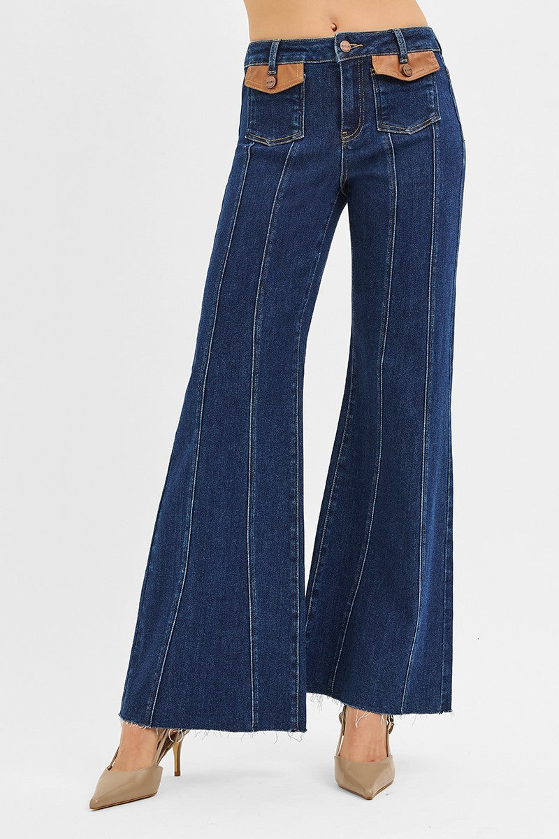 HIGH RISE WIDE FLARE FRONT LEATHER POCKET DETAIL