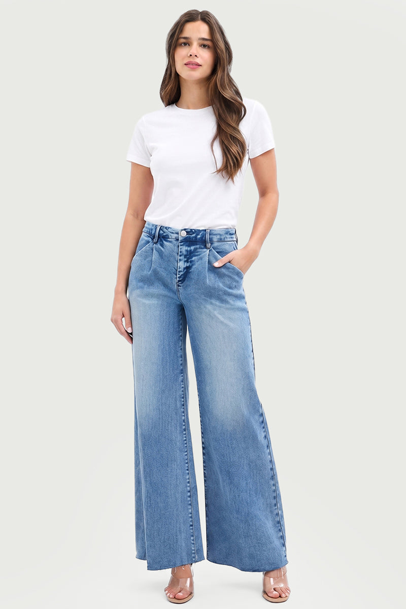 HIGH RISE WIDE LEG JEANS WITH PLEATS