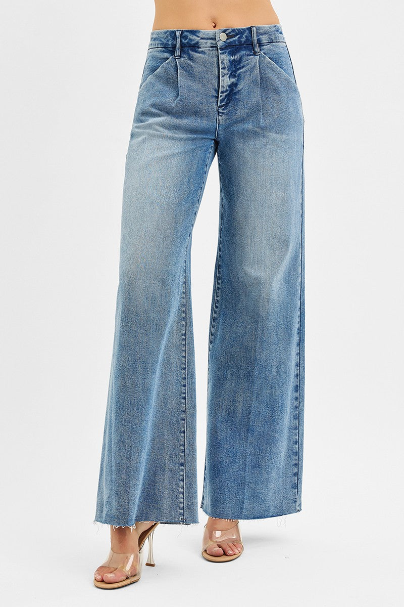 HIGH RISE WIDE LEG JEANS WITH PLEATS