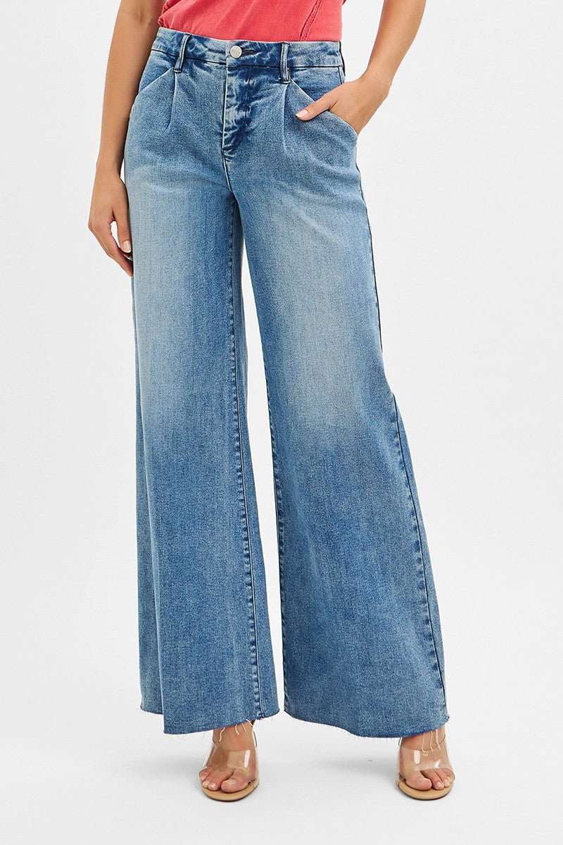 HIGH RISE WIDE LEG JEANS WITH PLEATS