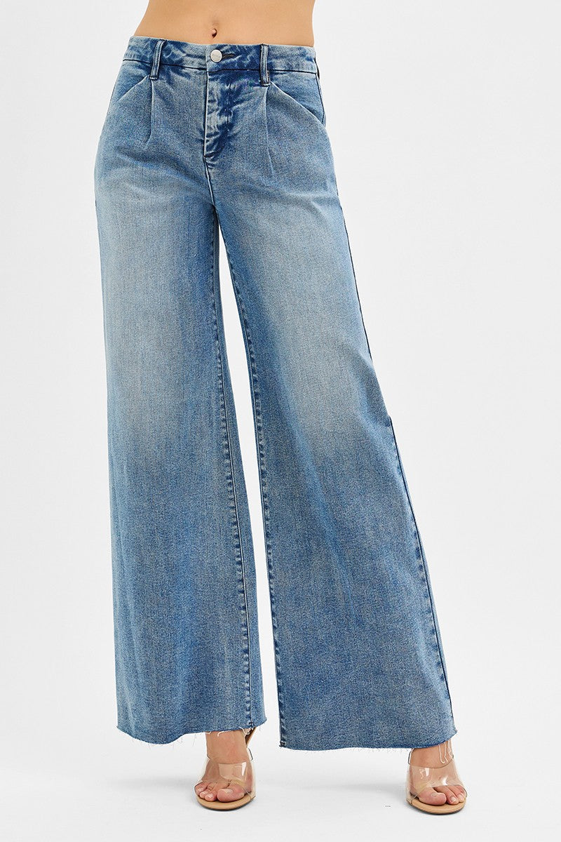 HIGH RISE WIDE LEG JEANS WITH PLEATS