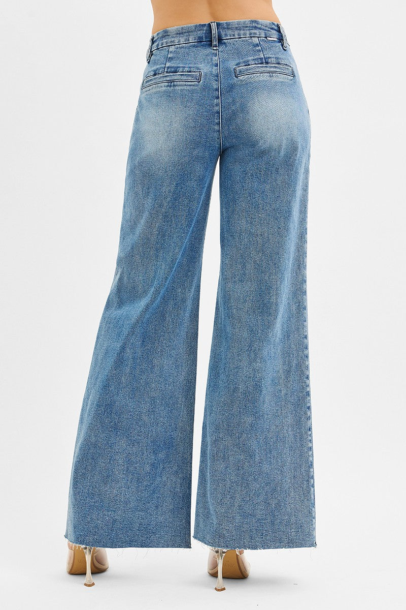 HIGH RISE WIDE LEG JEANS WITH PLEATS