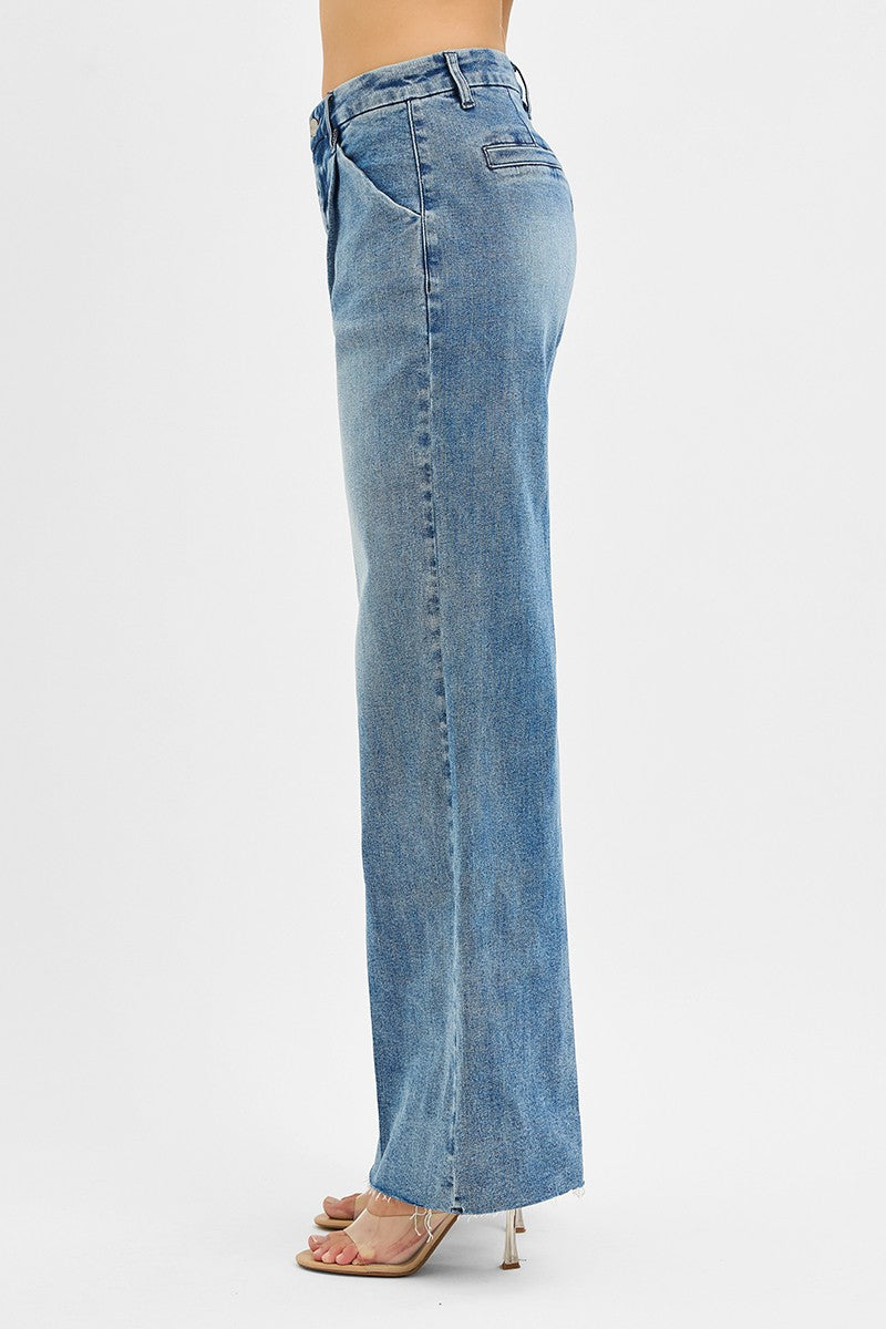 HIGH RISE WIDE LEG JEANS WITH PLEATS
