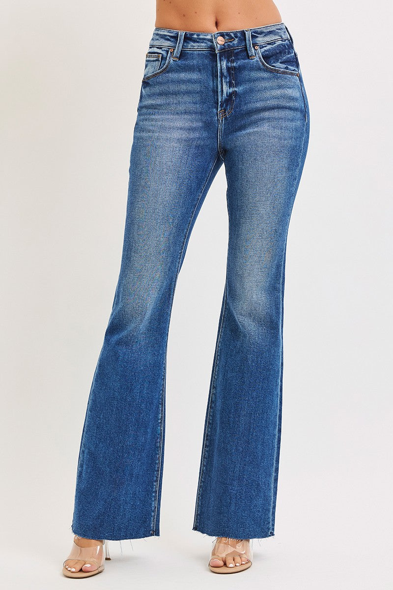 HIGH RISE FLARE JEANS WITH RAW CUT HEM