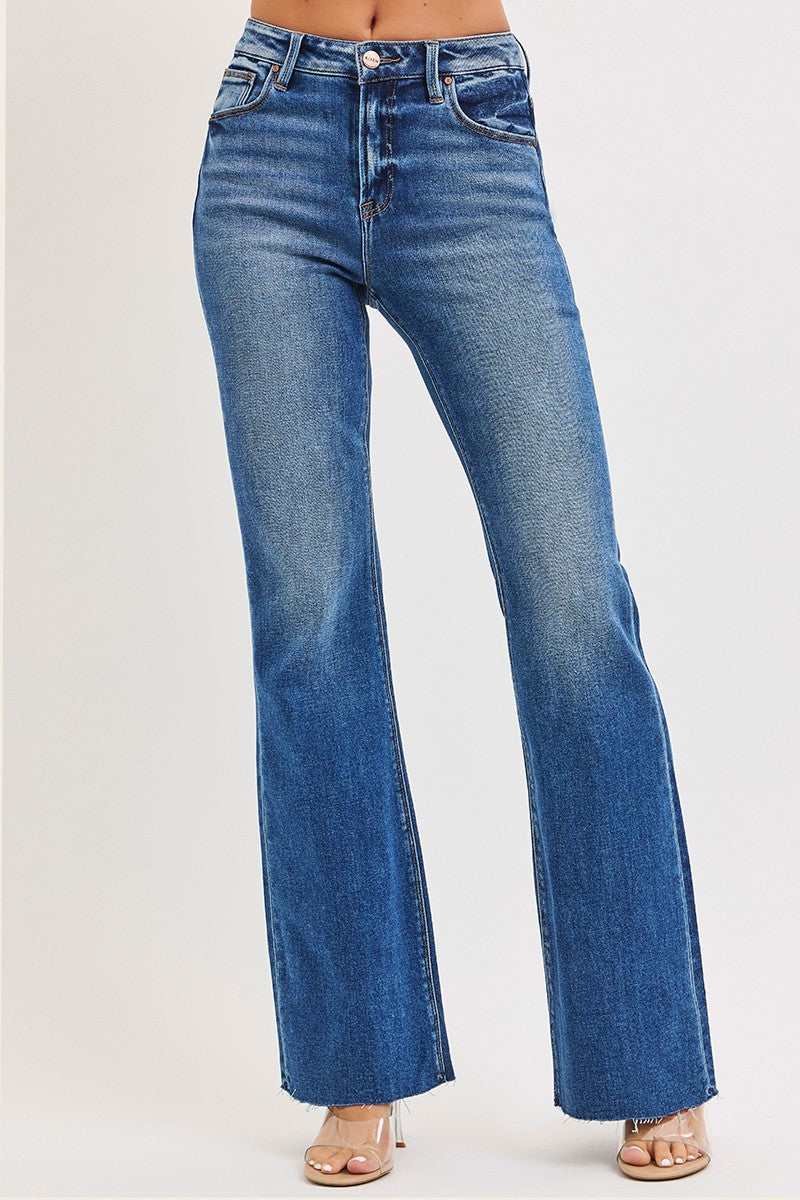 HIGH RISE FLARE JEANS WITH RAW CUT HEM