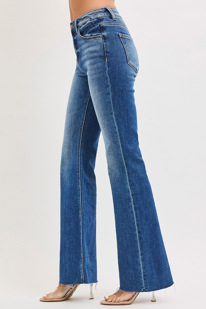 HIGH RISE FLARE JEANS WITH RAW CUT HEM