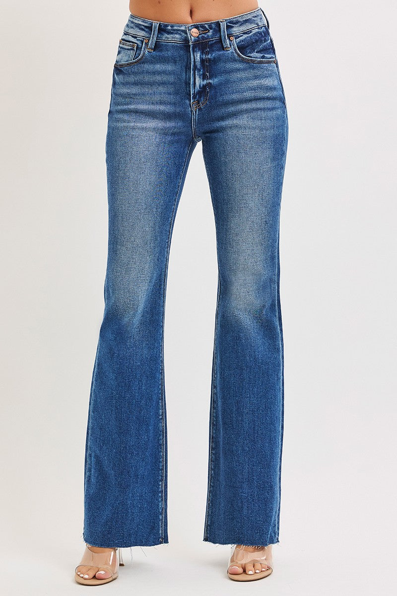HIGH RISE FLARE JEANS WITH RAW CUT HEM