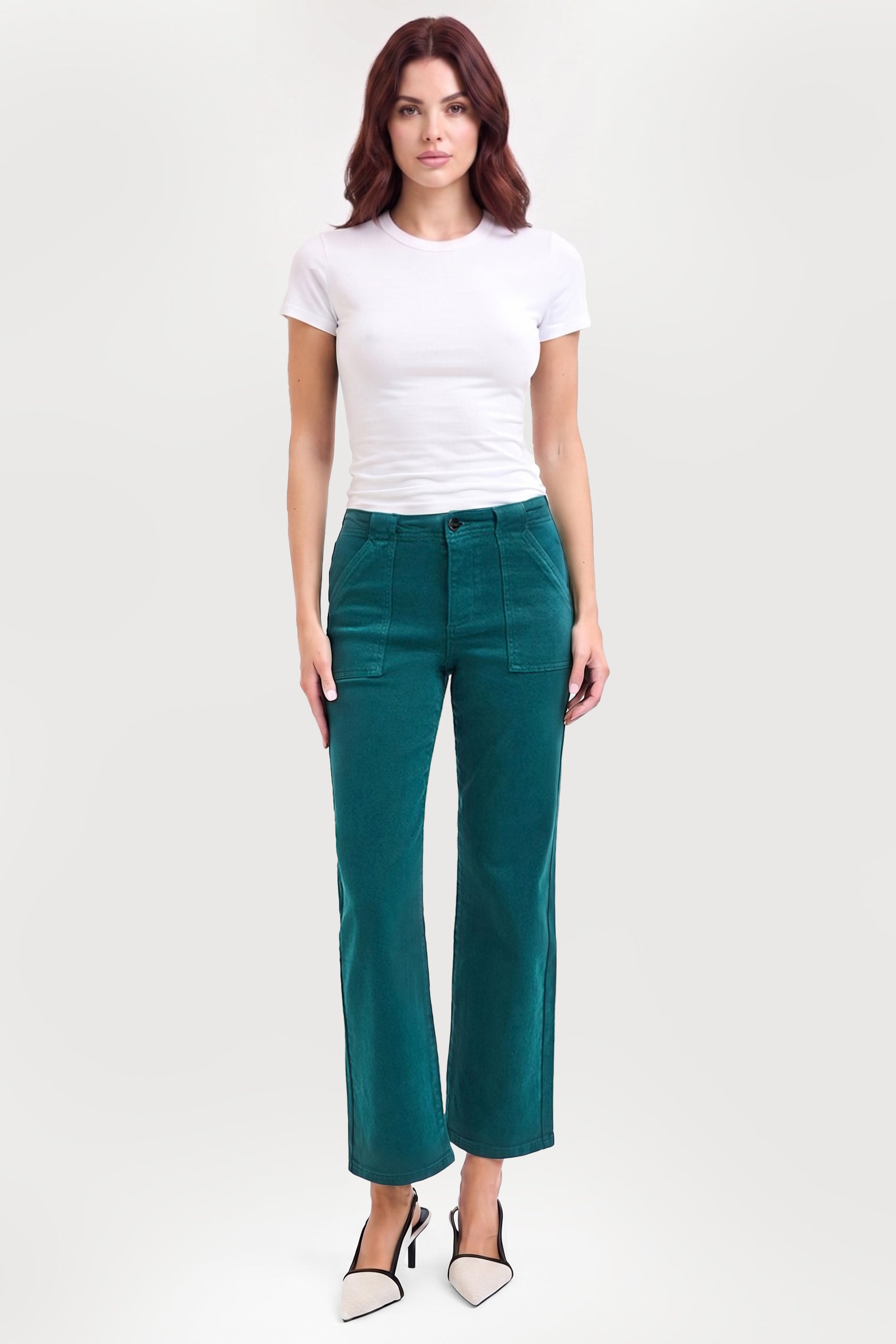 HIGH RISE ANKLE FLARE PATCH POCKET JEANS