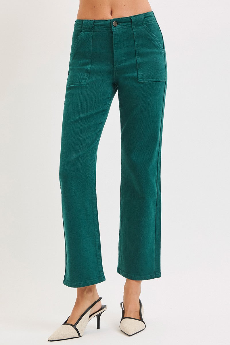 HIGH RISE ANKLE FLARE PATCH POCKET JEANS