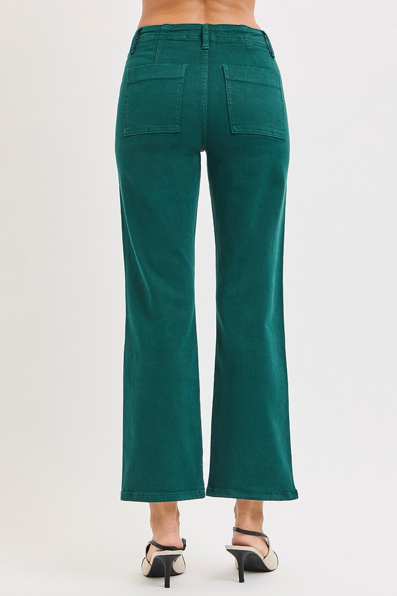 HIGH RISE ANKLE FLARE PATCH POCKET JEANS