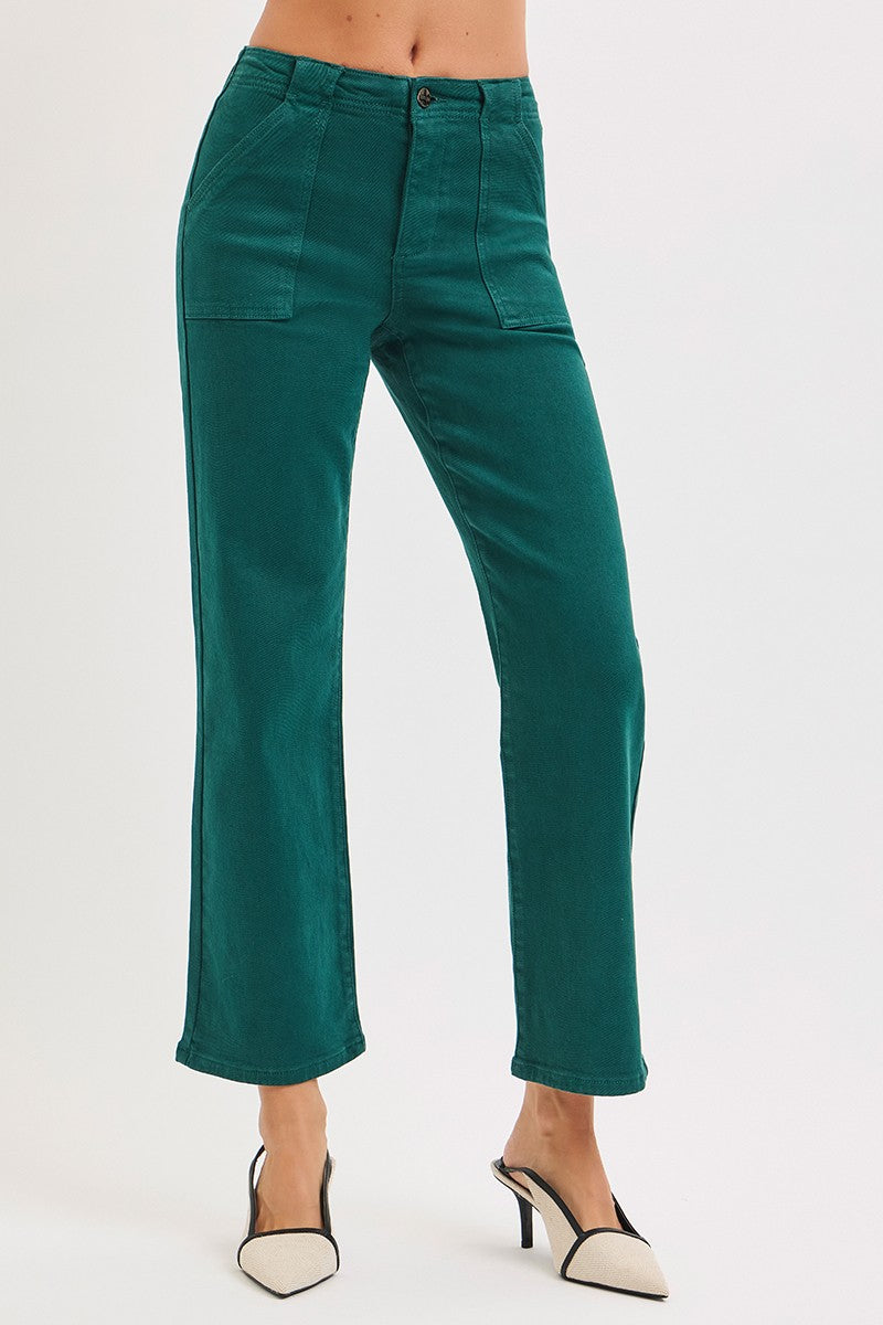HIGH RISE ANKLE FLARE PATCH POCKET JEANS