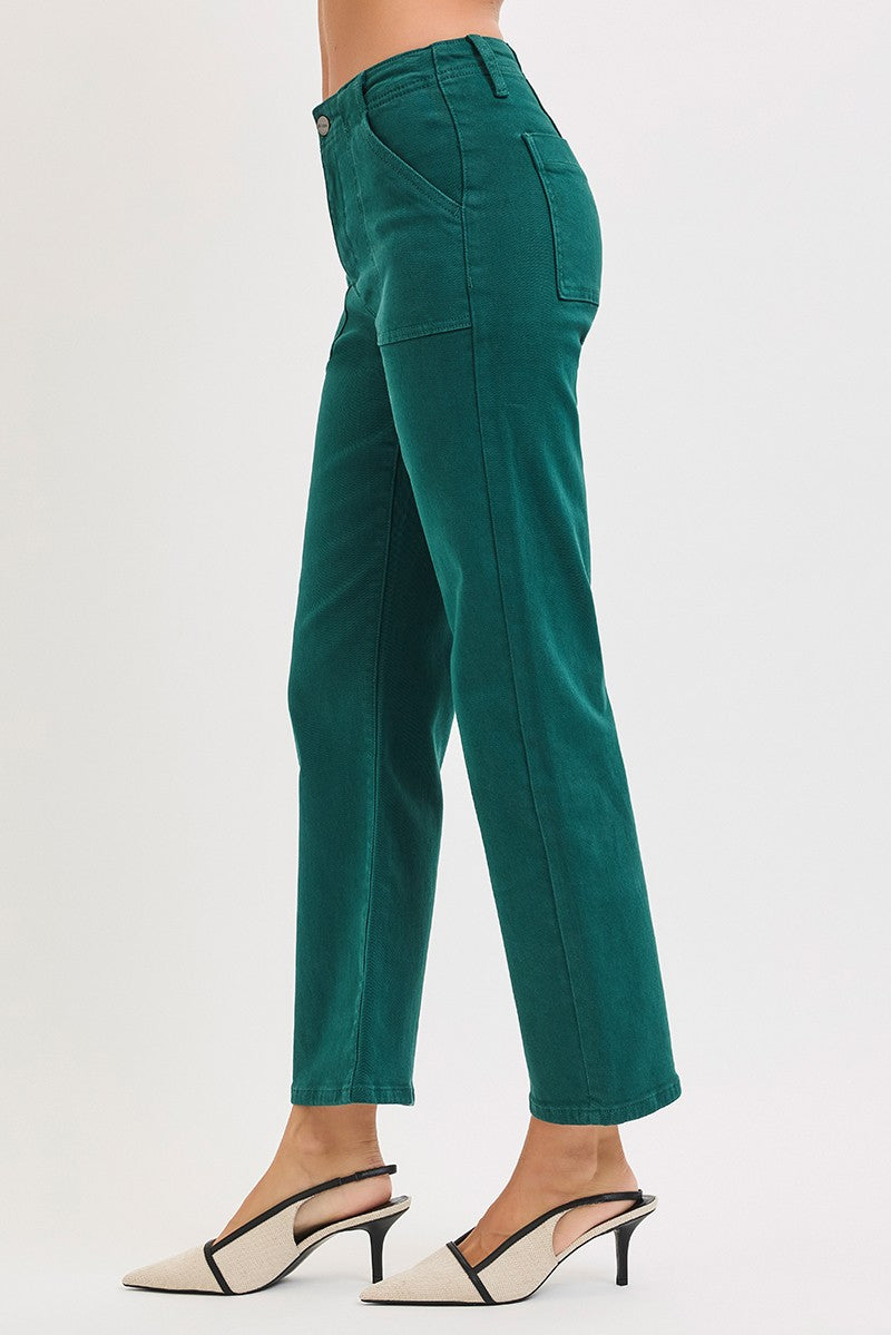 HIGH RISE ANKLE FLARE PATCH POCKET JEANS