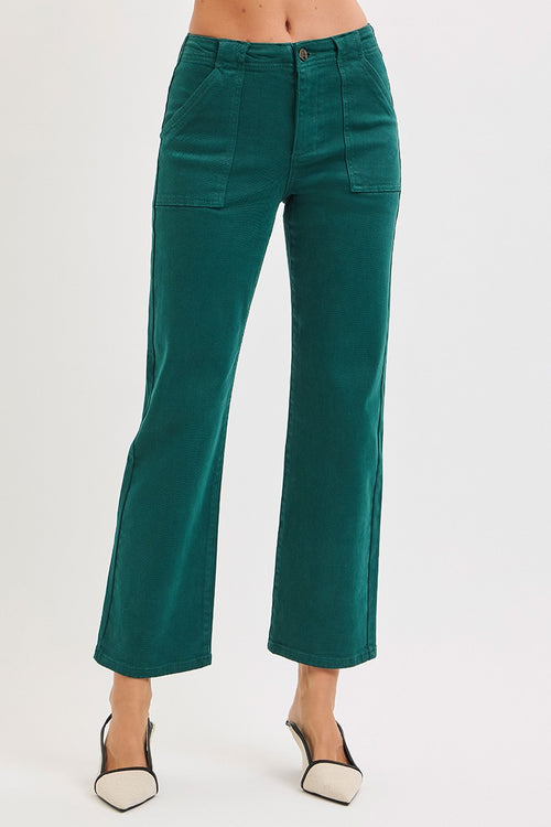 HIGH RISE ANKLE FLARE PATCH POCKET JEANS