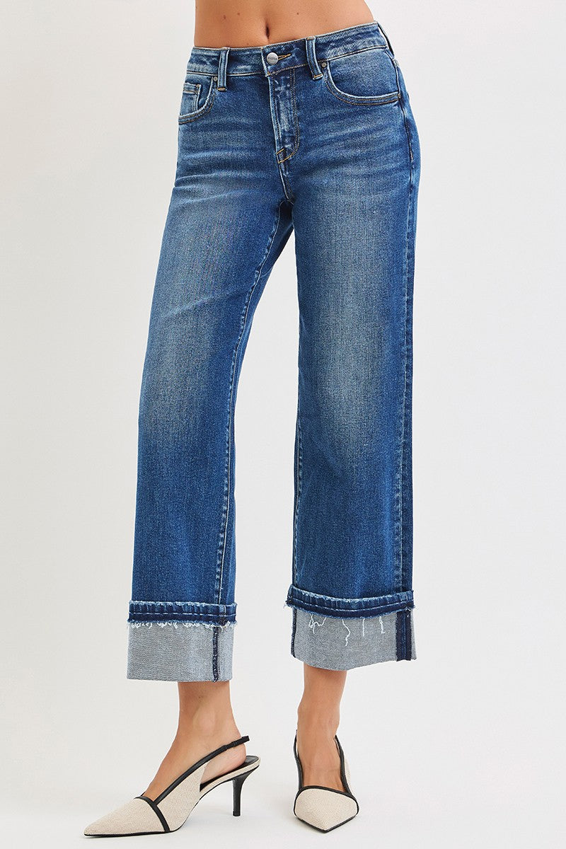 MID RISE ANKLE STRAIGHT JEANS WITH CUFFED HEM
