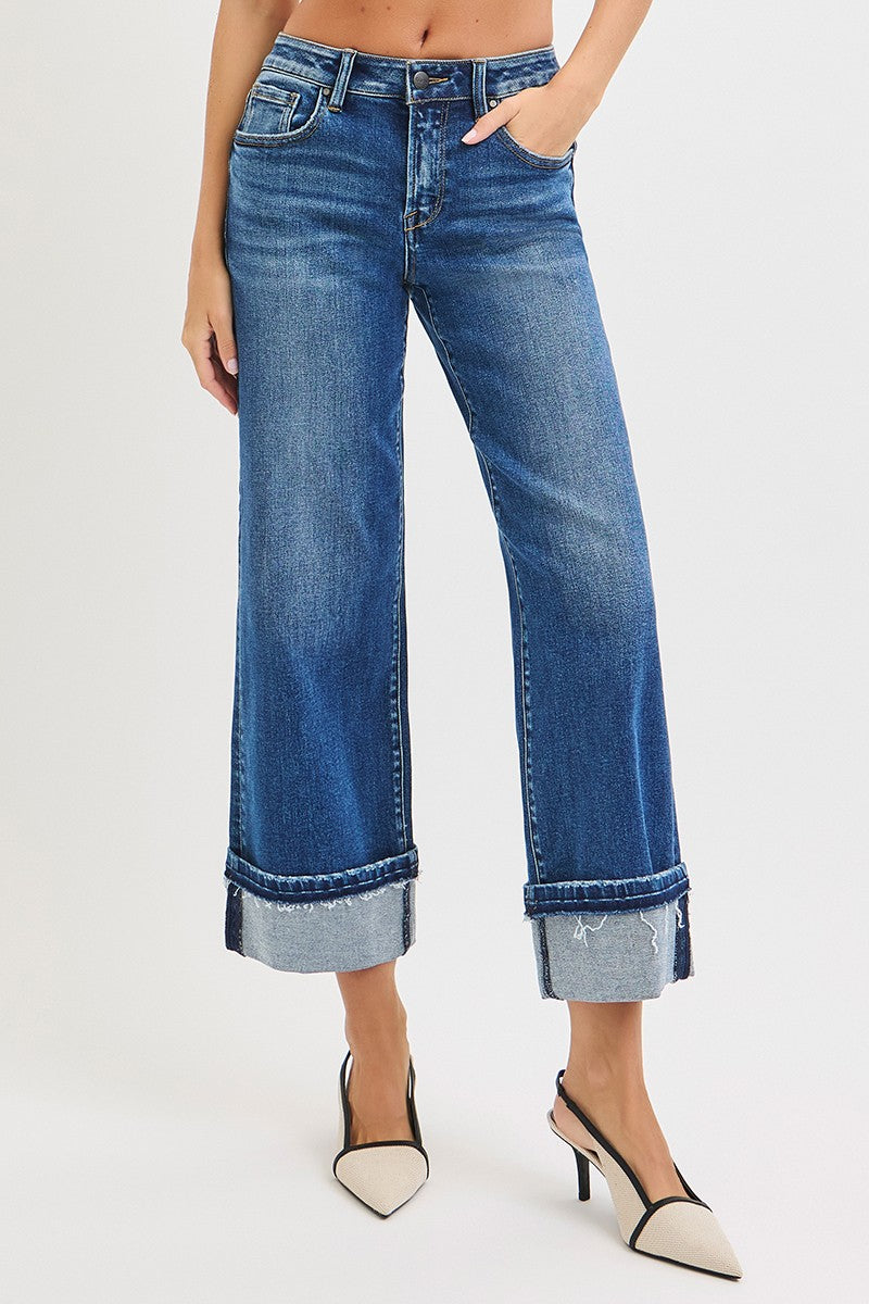 MID RISE ANKLE STRAIGHT JEANS WITH CUFFED HEM
