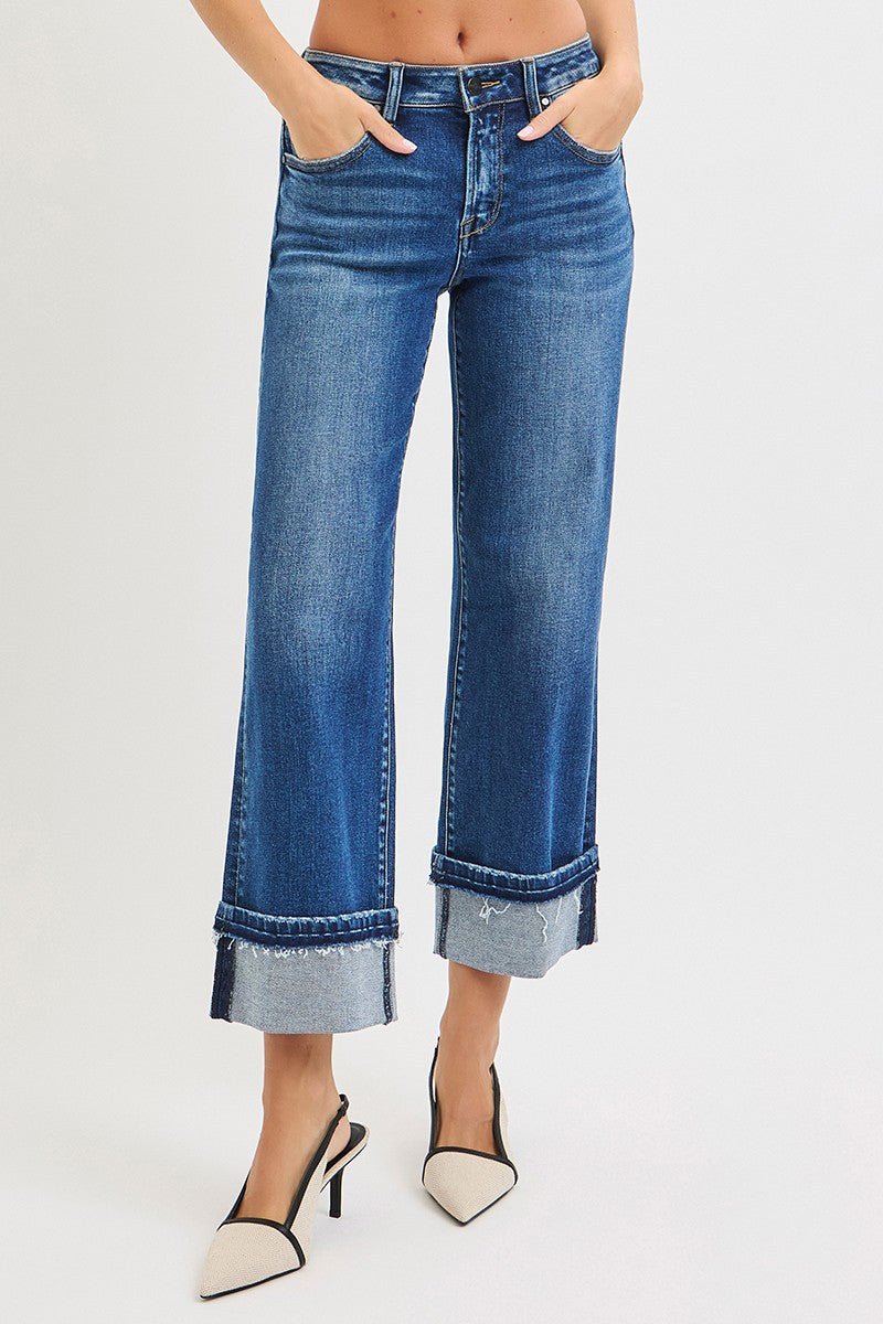 MID RISE ANKLE STRAIGHT JEANS WITH CUFFED HEM