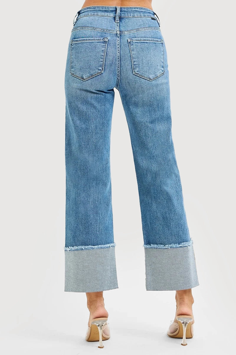 MID RISE CROP WIDE CUFFED JEANS