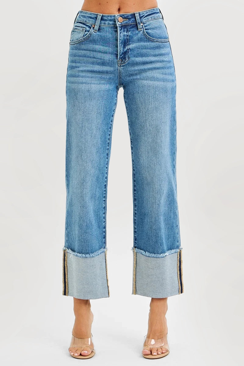 MID RISE CROP WIDE CUFFED JEANS