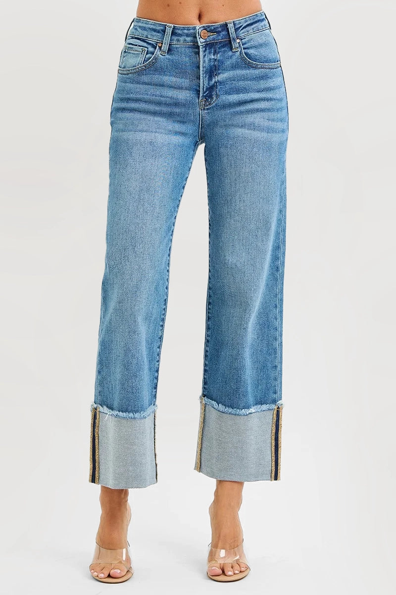 MID RISE CROP WIDE CUFFED JEANS