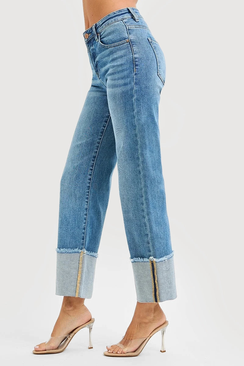 MID RISE CROP WIDE CUFFED JEANS