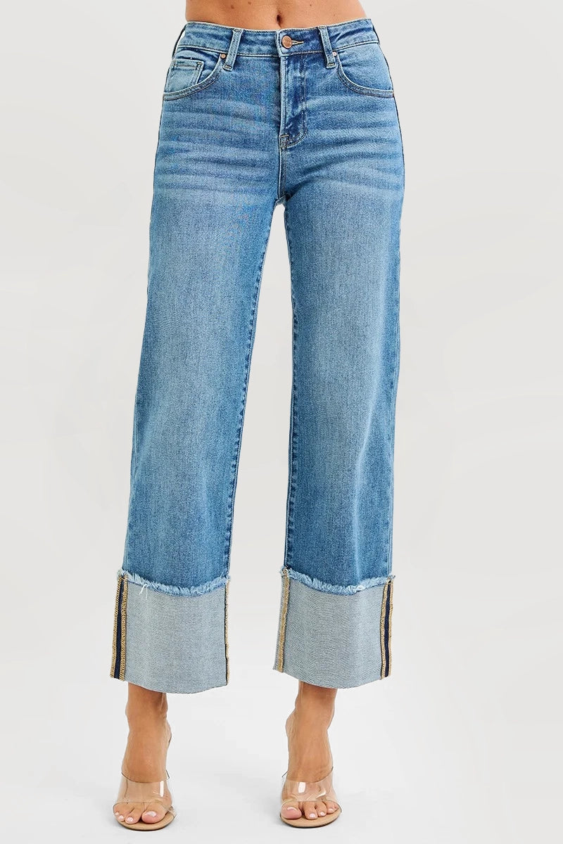 MID RISE CROP WIDE CUFFED JEANS