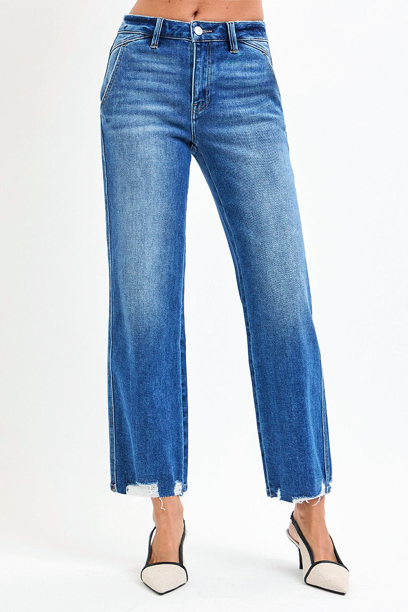 HIGH RISE ANKLE STRAIGHT DISTRESSED HEM DETAIL