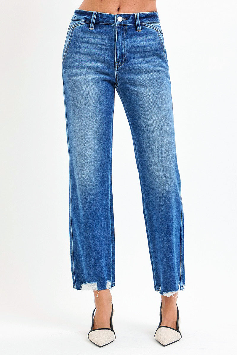 HIGH RISE ANKLE STRAIGHT DISTRESSED HEM DETAIL