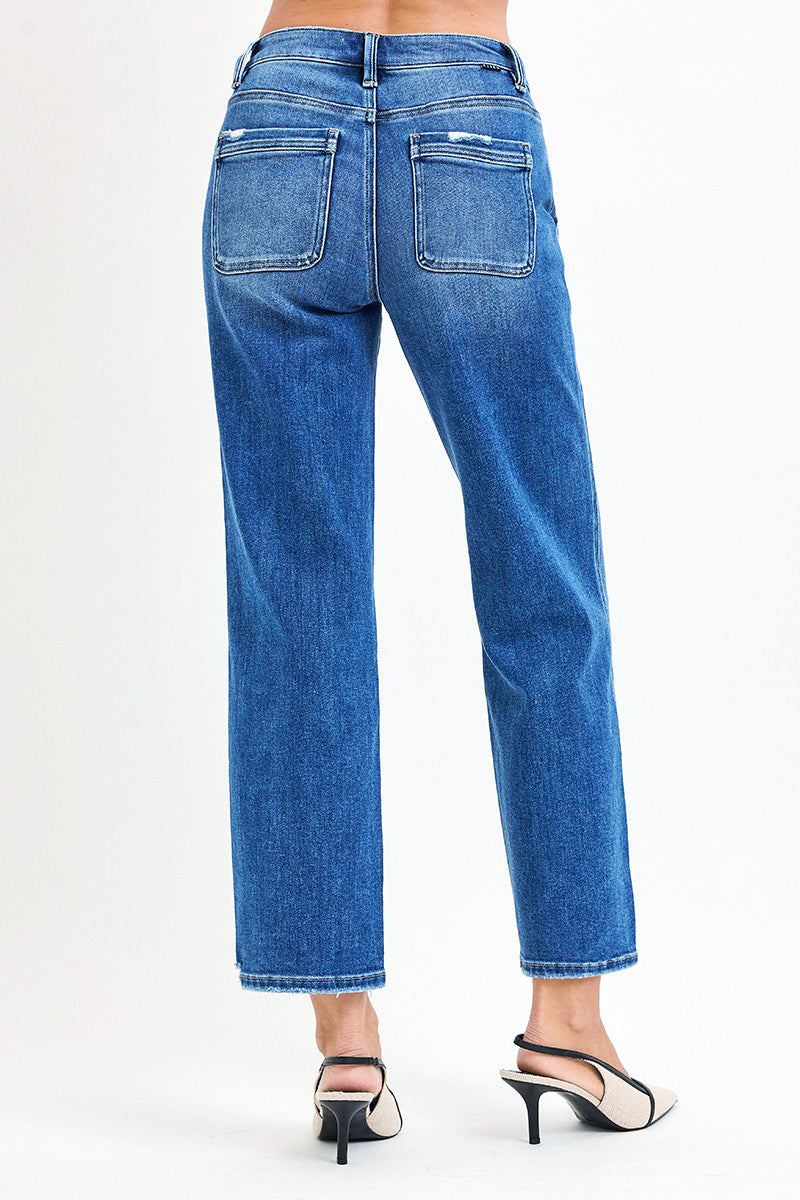 HIGH RISE ANKLE STRAIGHT DISTRESSED HEM DETAIL