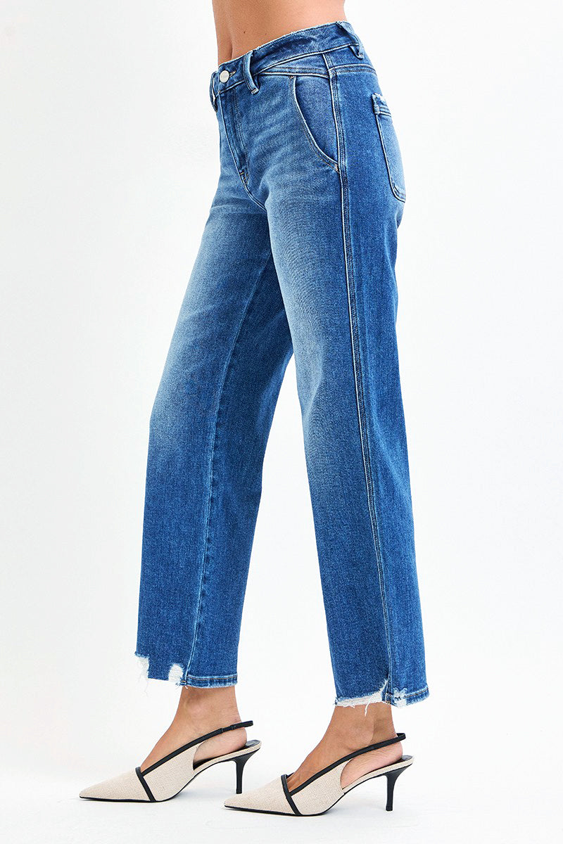 HIGH RISE ANKLE STRAIGHT DISTRESSED HEM DETAIL