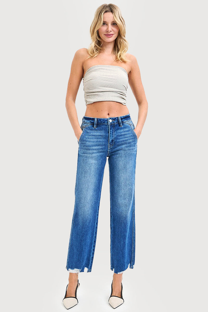 HIGH RISE ANKLE STRAIGHT DISTRESSED HEM DETAIL