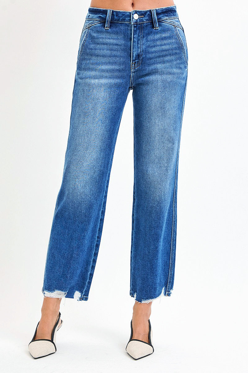 HIGH RISE ANKLE STRAIGHT DISTRESSED HEM DETAIL