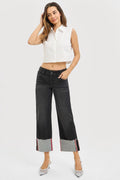 TUMMY CONTORL MID RISE CROP WIDE CUFFED JEANS
