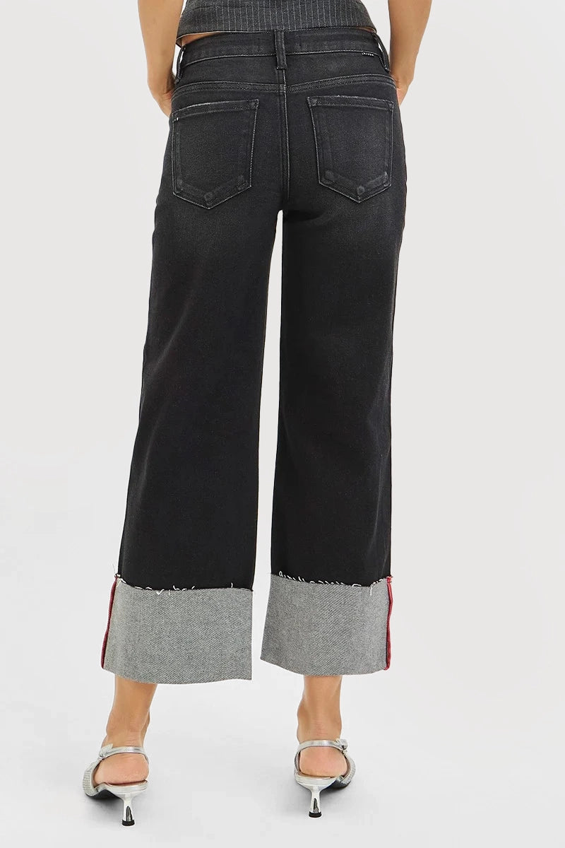 TUMMY CONTORL MID RISE CROP WIDE CUFFED JEANS