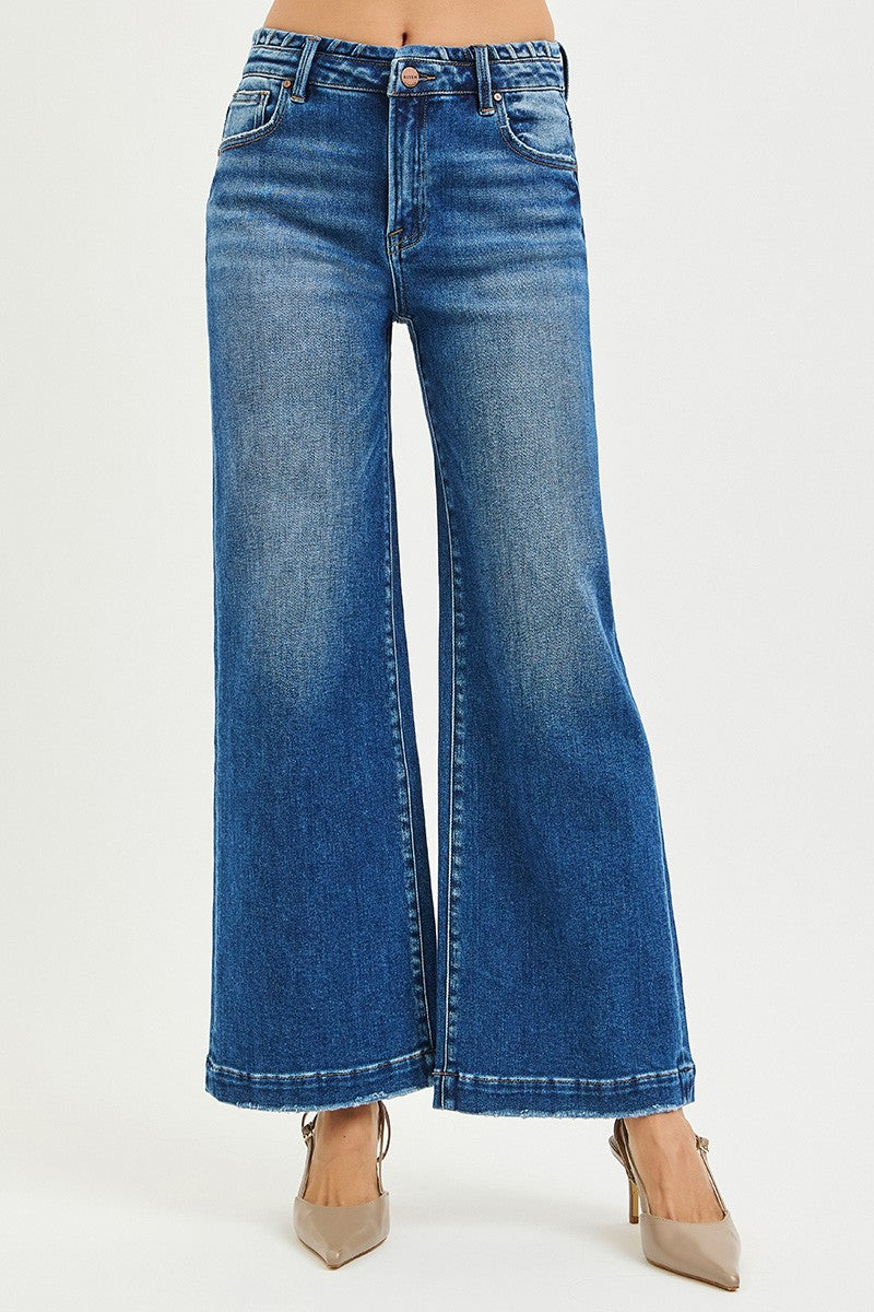 HIGH RISE WIDE JEANS WITH WAISTBAND SEAM DETAIL