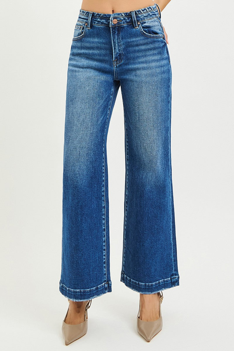 HIGH RISE WIDE JEANS WITH WAISTBAND SEAM DETAIL
