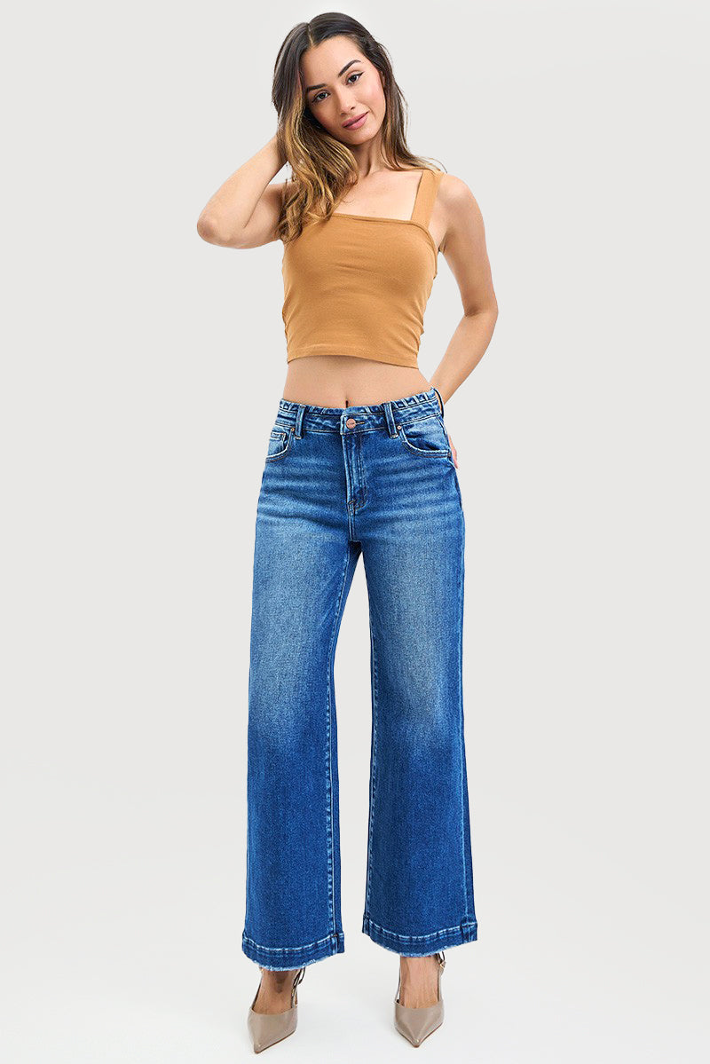 HIGH RISE WIDE JEANS WITH WAISTBAND SEAM DETAIL