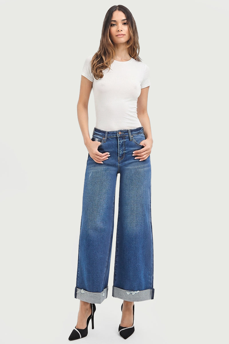 HIGH RISE CROP WIDE DISTRESSED CUFF JEANS