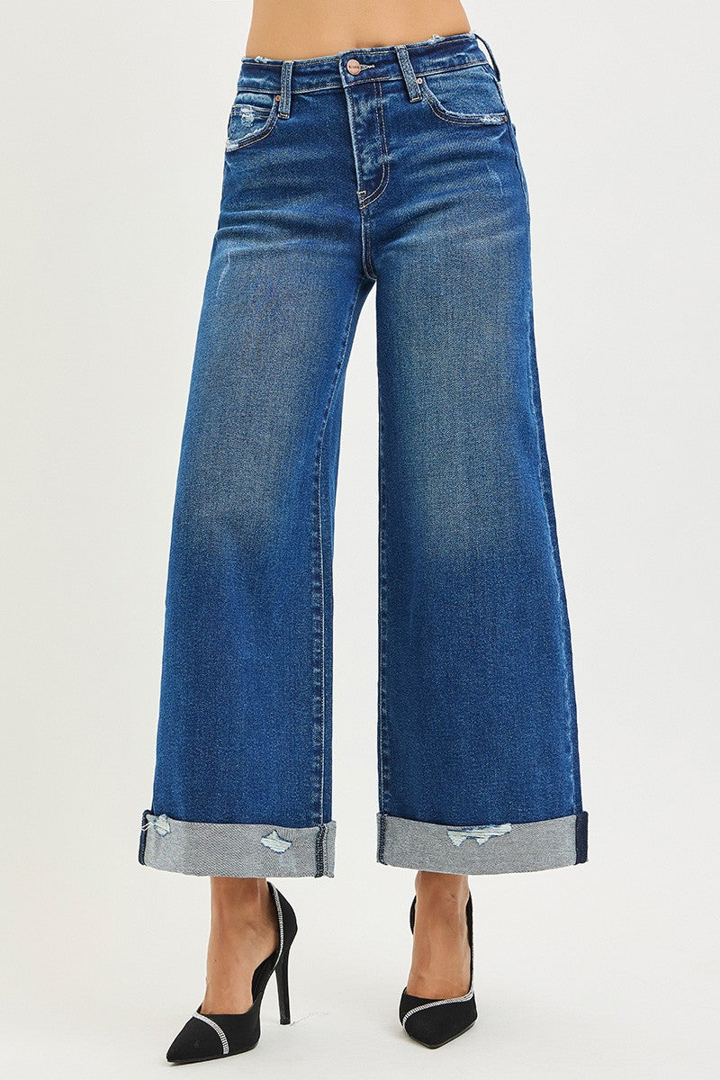 HIGH RISE CROP WIDE DISTRESSED CUFF JEANS