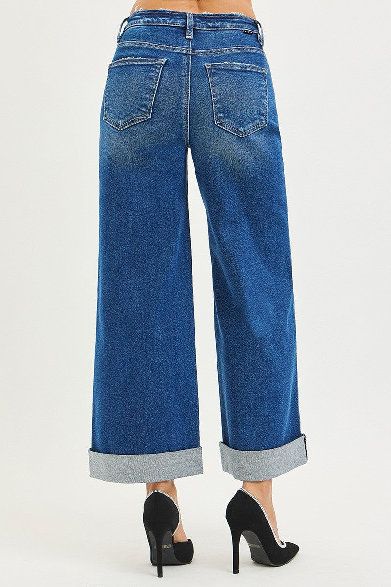 HIGH RISE CROP WIDE DISTRESSED CUFF JEANS