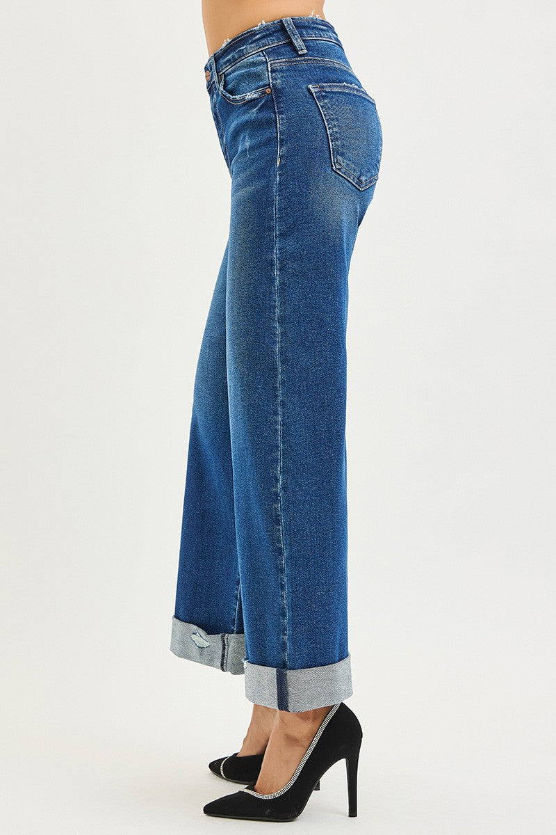 HIGH RISE CROP WIDE DISTRESSED CUFF JEANS
