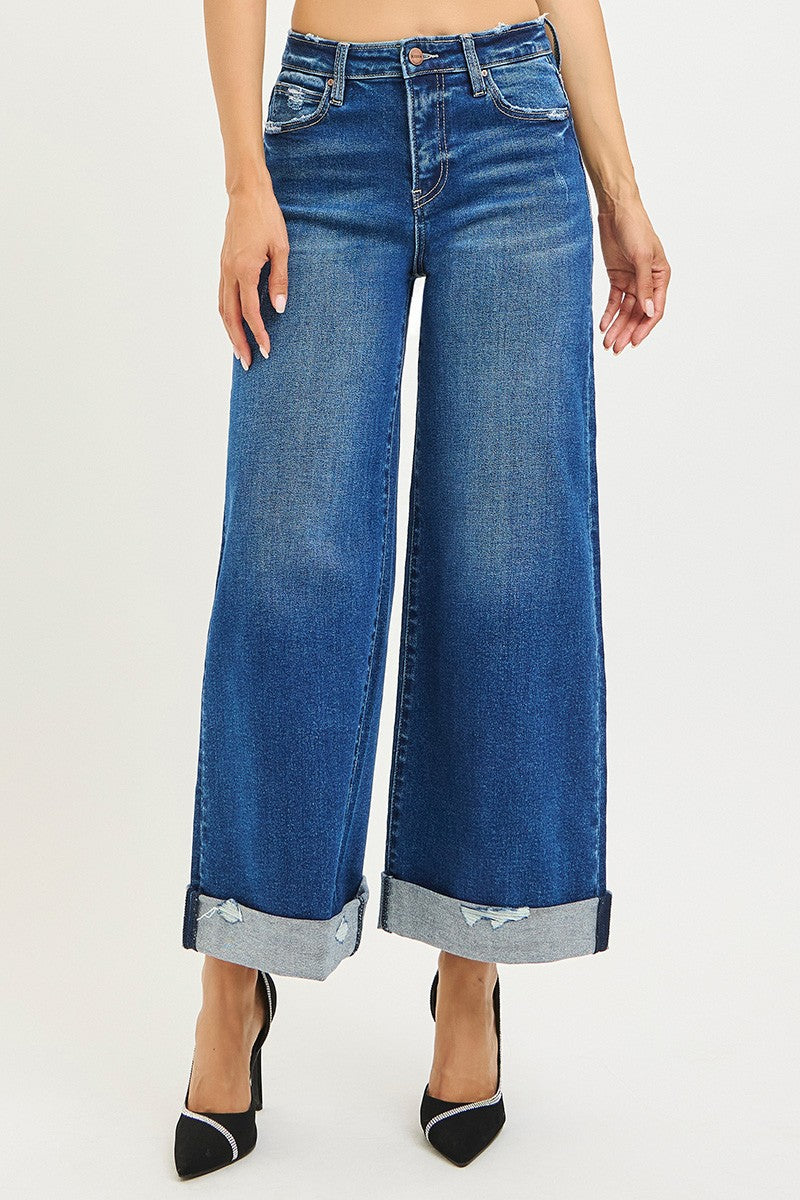 HIGH RISE CROP WIDE DISTRESSED CUFF JEANS