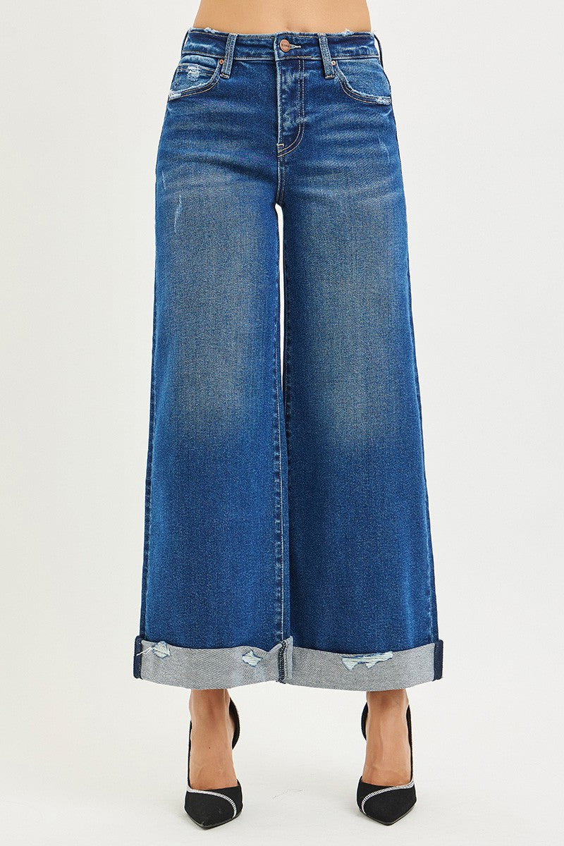 HIGH RISE CROP WIDE DISTRESSED CUFF JEANS