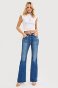 HIGH RISE FLARE JEANS WITH RAW CUT HEM